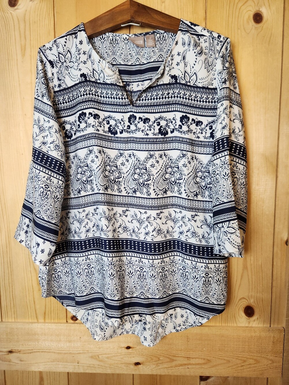 Chico's Navy/White Split-Neck Paisley 3/4 Sleeve Hi-Lo Boho Tunic Blouse
